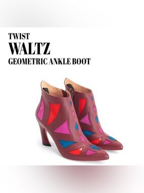 Fluevog LIKE NEW Twist Waltz burgundy/pink/blue/red geometric boot- 9 (fits 8.5)